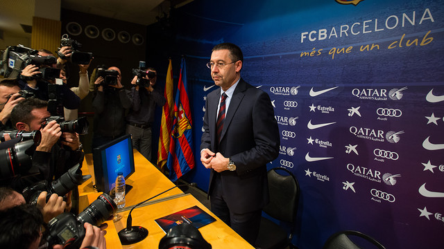 Tân chủ tịch Josep Maria Bartomeu trong buổi họp báo